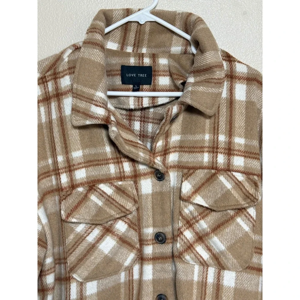 Love Tree Tan White Plaid Button Front Shacket Shirt Jacket Large 80073JY
